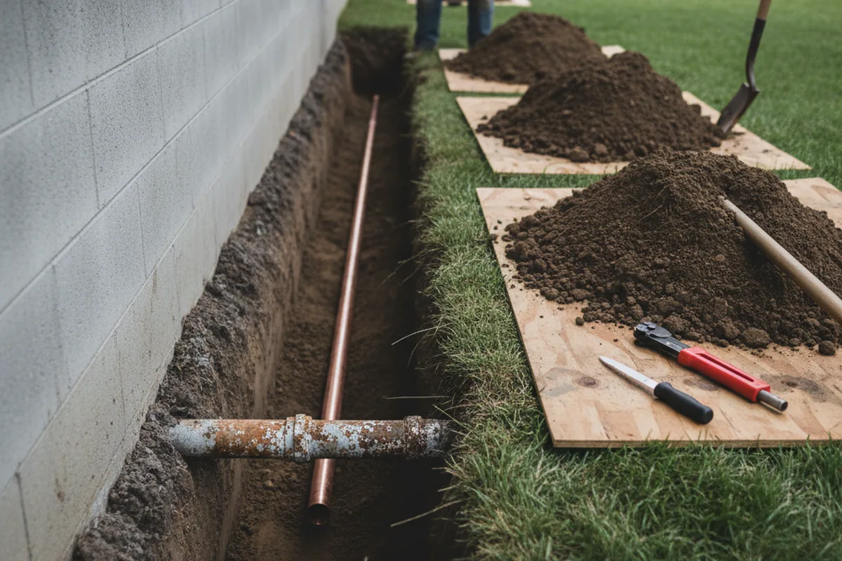 Excavated water line trench during Water Softener Installation in Weott